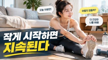 운동 습관을 꾸준히 만드는 체크리스트와 실내 스트레칭 장면