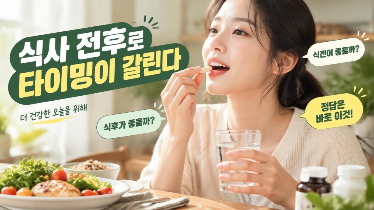식사 시간에 맞춰 영양제를 정리한 장면과 물컵