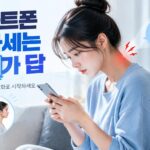 스마트폰을 내려다보는 자세로 거북목이 생기지 않도록 휴대폰 높이를 조절하는 장면