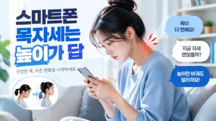 스마트폰을 내려다보는 자세로 거북목이 생기지 않도록 휴대폰 높이를 조절하는 장면